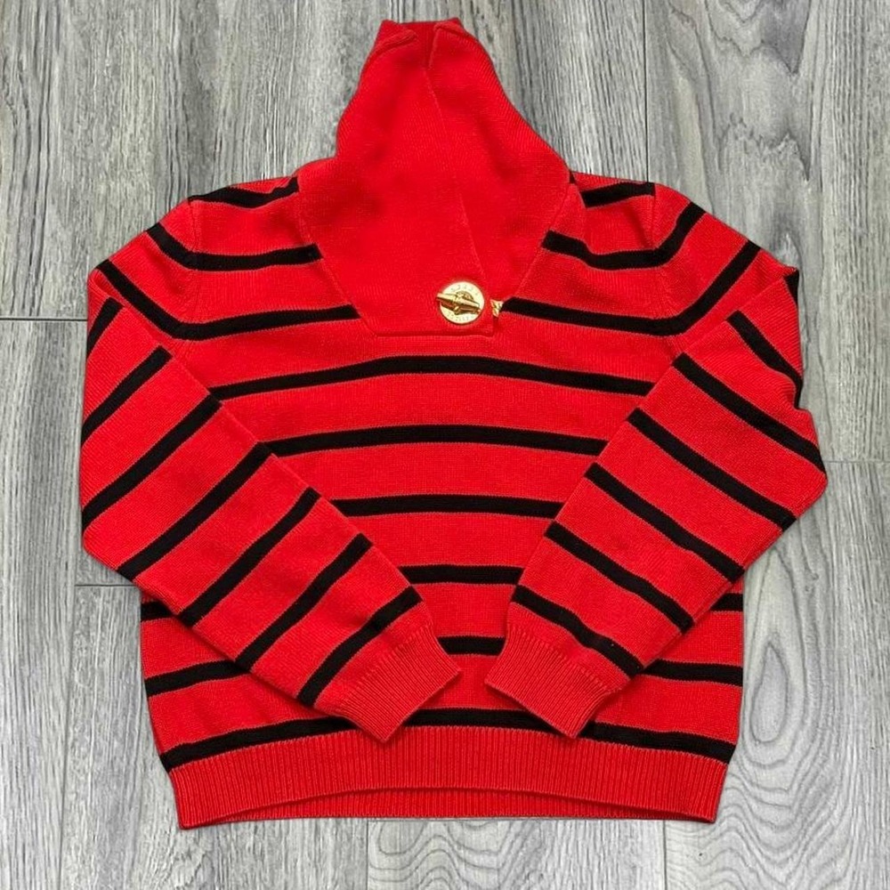 Lauren Ralph Lauren Striped Toggle Collar Knit Sweater Red Black Size XL